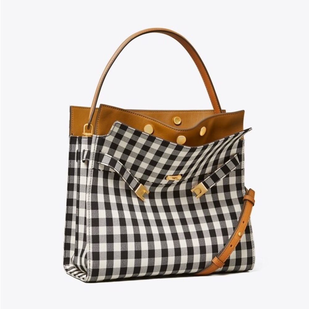 Tory Burch l Lee Radziwill Gingham-check Tote Bag In Black & White w/ Brown